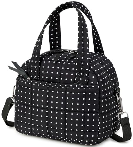 LEDAOU Quilted Insulated Lunch Bag for Women, 9L Puffy Lunch Tote with Adjustable Shoulder Strap, Reusable Water-Resistant Lunch Box for Work, School, Picnic & Travel - color: Black Polka Dots, size: Regular 9L