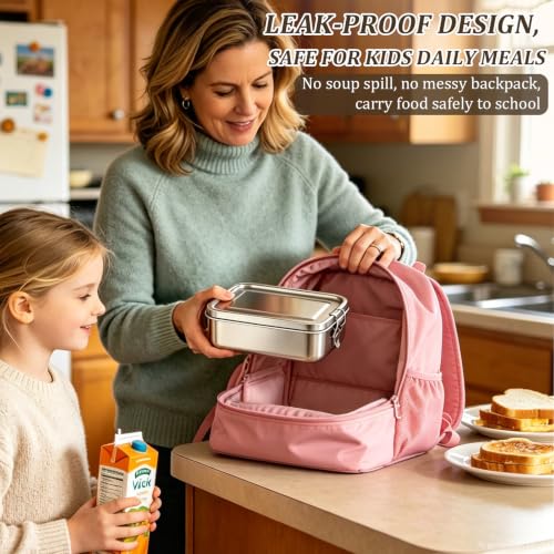 Qtencas Stainless Steel Lunch Box for Kids, 28oz / 0.85L Bento Box for Kids | Stainless Steel Lunch Bento Box with Leakproof Condiment Containers, Natural Loofah Dishwashing Sponge and Foldable Sporks - size: 28oz