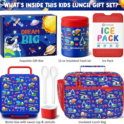 Fimibuke Kids Bento Snack Lunch Box with Thermo Insulated Toddler Lunch Bag | Lunch Box Kids with 4 Compartment, Food Jar, Ice Pack, Utensils, Birthday Gifts for Ages 3-12 Back to School Toddler Girl Boy - color: A8.Trucks