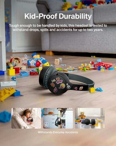 Belkin SoundForm Mini Kids Wireless Headphones w/Built-in Microphone, 30H of Playback Time, Fun Stickers, & Case - Over-Ear Headsets for Online Learning, School, iPhone, iPad, Galaxy, & More - Black - color: Black, style: Wireless (USB-C) + Case