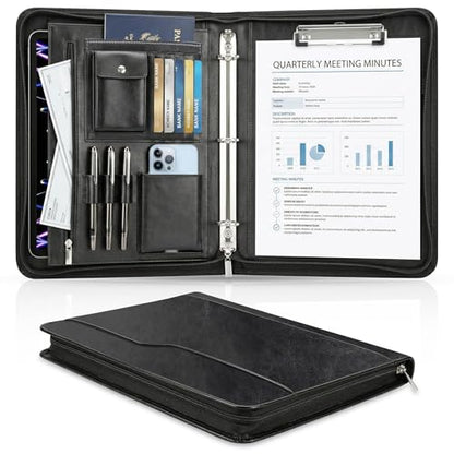 Zippered Padfolio with 3-Ring Binder & Clipboard, PU Leather Portfolio Organizer for Men Women, A4 Document Holder with Phone Pocket Pen Loops Card Slots, Professional Business Interview Folder Black - color: Black