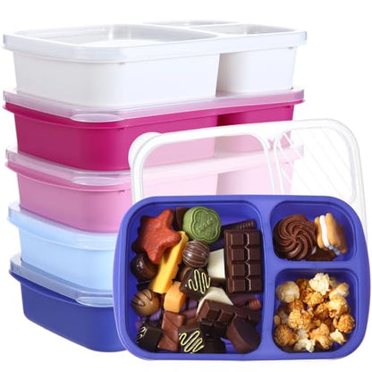 Honeydak 5 Pack Snack Containers 3 Compartment Bento Snack Boxes Divided Meal Prep Containers with Lids Reusable Adults Lunch Food Storage Box for School Work Travel(Blue White Purple) - color: Blue White Purple