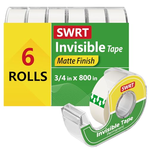 SWRT Invisible Tape with Dispensers, Matte Finish Clear Tape, 6 Rolls, 3/4 in x 800 Inches Each, Office Tape Rolls for Gift Wrapping, Home, School & Scrapbook Supplies - size: 6-PACK w/DISPENSER