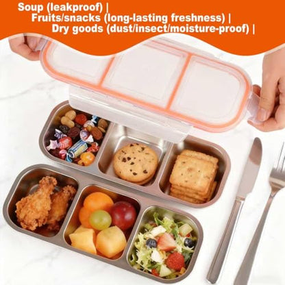 2 Pack 304 Stainless Steel Snack Containers | 3 Independent Sealed Compartments, Non-Toxic Leakproof Bento Box with Secure Lids. Snackle Box for Kids & Adults.