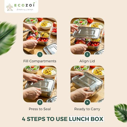ecozoi Stainless Steel Bento Lunch Box for Adults & Kids, 4 Compartment Leak Proof 50 Oz, BPA-Free Dishwasher Safe, Eco-Friendly and Plastic-Free Lunch Container for School, Work and Meal Prep - size: 4 Compartment 50 Oz