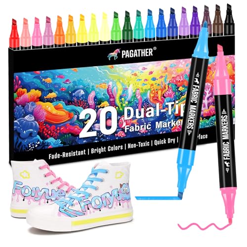 Fabric Markers Permanent for Clothes, 20 Colors Dual Tip with Fine and Chisel Tips Paint Pens for Clothing Canvas Tote Bags T-Shirt and Shoes, Non Toxic Ink for Kids and Adults - style: 20 Colors
