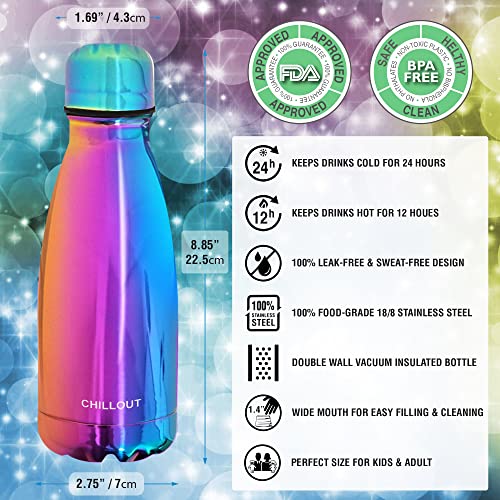 CHILLOUT LIFE 12oz Kids Insulated Stainless Steel Water Bottle, Leak Proof | Small Metal Water Bottle, Keeps Drinks Cold 24H & Hot 12H, Leak-Proof Screw Lid, Perfect for School, Travel & Sports - color: Magic Rainbow