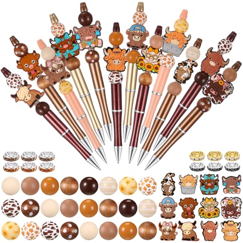 Geyee 12 Set Beadable Pens Assorted Bead Pens Wood Crystal Round Spacer Set Black Ink DIY Ballpoint for Women Men Gift Office Supplies(Multicolor,Cow) - color: Multicolor, style: Cow