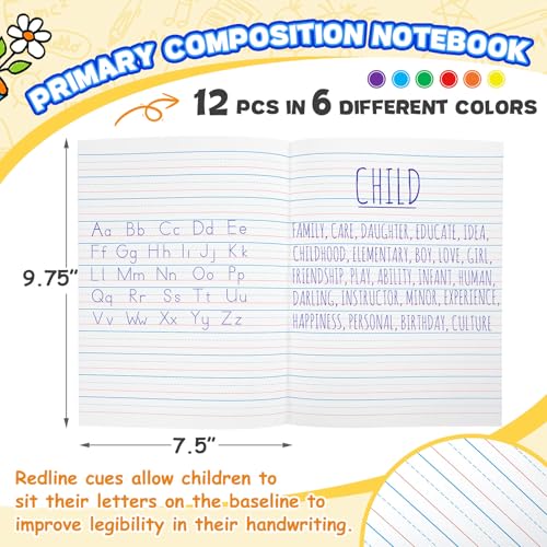 Henoyso 12 Pcs Primary Composition Notebook K-2, Wide Ruled 9.75" x 7.5" Journals, 60 Pages, Writing & Handwriting Practice for Kindergarten, 1st & 2nd Grade, Back to School Supplies (Stylish Color) - color: Stylish Color