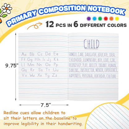 Henoyso 12 Pcs Primary Composition Notebook K-2, Wide Ruled 9.75" x 7.5" Journals, 60 Pages, Writing & Handwriting Practice for Kindergarten, 1st & 2nd Grade, Back to School Supplies (Stylish Color) - color: Stylish Color