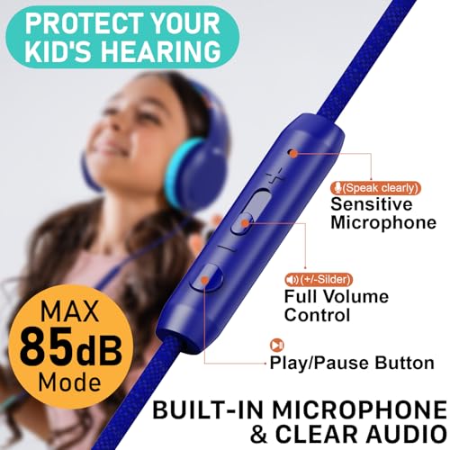 FosPower Kids Headphones with 3.5mm Laced Cables, Children & Teens Over The Ear Foldable Adjustable Headset w/Built-in Mic for Smartphones/PC/Tablet/Laptop/School (Max Volume 85dB) - Blue - color: 06 - Blue
