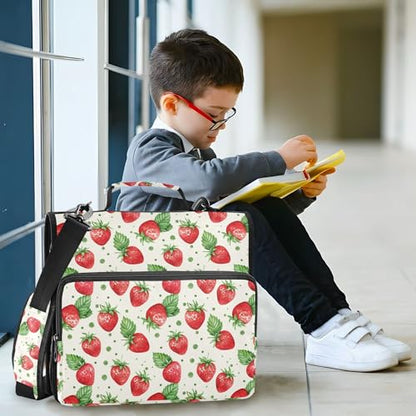 Cute Strawberry Zipper Binder 3 Ring with Shoulder Strap, Multiple Pockets Expanding File Folder Binder Bag Organizer