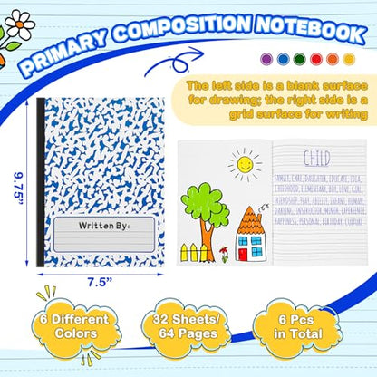 Henoyso 6 Pack Primary Composition Notebook for Kids, K-2 Journal with Half Blank Half Lined Pages, Draw and Write Journal for Kindergarten, 1st & 2nd Grade, Rainbow Color Covers - color: Rainbow