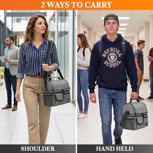 opux Insulated Lunch Bag Women Men, Dual Compartment Leakproof Lunch Box Adults Kids, Double Decker Meal Prep Bento Lunch Cooler Tote with Shoulder Strap for Work Office School Travel, Gray - color: Heather Gray