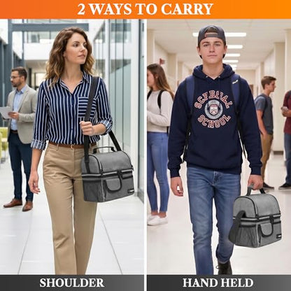 opux Insulated Lunch Bag Women Men, Dual Compartment Leakproof Lunch Box Adults Kids, Double Decker Meal Prep Bento Lunch Cooler Tote with Shoulder Strap for Work Office School Travel, Gray - color: Heather Gray