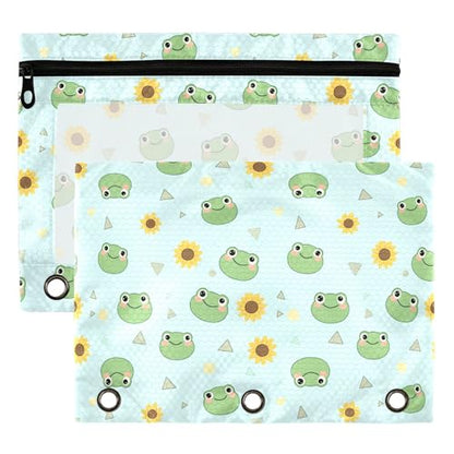 Tree Frog Rainy Day Binder Pouches 3 Ring for Boys Girls School Office College Supplies Daisy Sunflower Green Pencil Pouches Case Bag with Clear Window and Zipper 2 Pack - color: Frog