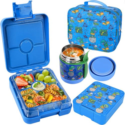 Pawtong Bento Lunch Box Set With 10oz Soup Thermo, Leak-proof Lunch Containers with 4 Compartment, Kids Hot Thermo Food Jar/Insulation Lunch Bag, Food Containers for School（Dinosaur） - color: Blue-Tyrannosaurus Rex