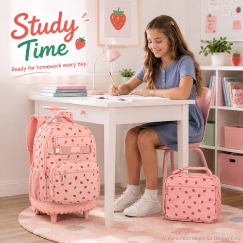 3Pcs Rolling Backpack for Girls Women, Travel Roller Backpacks with Wheels for Adults, Teens College Strawberry Wheeled Bookbag with Lunch Box (Pink) - color: Strawberry Pink