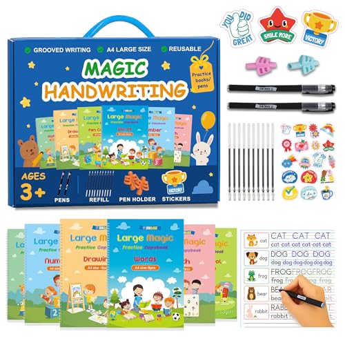 Large Magic Practice Copybook for Kids,Handwriting Grooved Practice Book 6 Pack with Pen Refill English Cursive Calligraphy Reusable Age 3-8（A4 Size） - style: 6PC Large Size