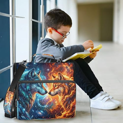 Blue Orange Flame Space Wolf 3 D-Ring 2 inch Zipper Binder Bag with Shoulder Strap, Multi-Pocket Portfolio Organizer Case for 13 Inch Laptop Middle School