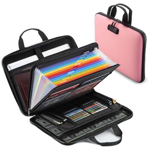 facka Fireproof Document Box with Lock, Hard-Shell Safe File Organizer | 13-Pocket Accordion Folder for Important & Legal Documents, Laptop, Passport, Cards & Valuables, Home Office Travel Pink - color: Pink