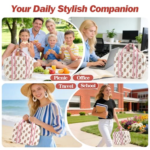 Aesthetic Corduroy Insulated Lunch Bag for Women, Floral Block Print Lunch Box with Pocket, Spacious Boho Reusable Cooler Tote for Work, School, Nurse Gift & Picnic, Leakproof (Pink White)