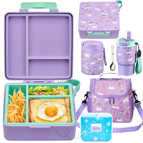 Pawtong Lunch Box Set with Bento Box Container, 17OZ Stainless Steel Food Soup Thermo, Kids Water Bottle & Portable Insulated Lunch Bag, Leakproof, Hot/Cold Retention for School, Travel (Purple-Horse) - color: Purple-Horse