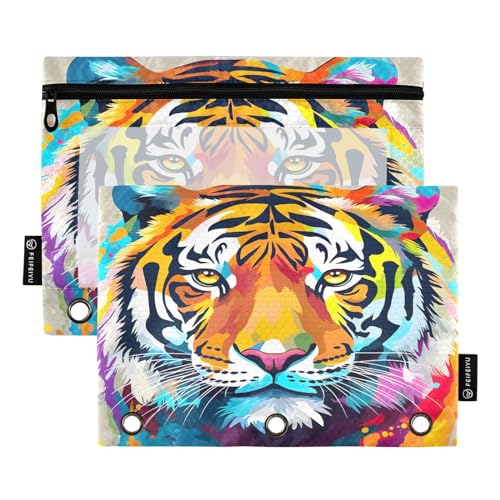 MCHIVER Colorful Tiger Pencil Pouch for 3 Ring Binder Pencil Pouches with Zippers Clear Window Binder Pockets Pencil Bags for Work Office Daily Organzier 2 Packs - color: Colorful Tiger