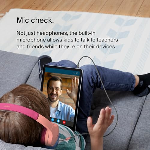 Belkin SoundForm Mini Kids Wired Headphones with Built-in Microphone & Fun Stickers, 85dB Safe Volume Limit – for Online Learning, Travel, Compatible w/iPhone 15, iPad, Galaxy S23, & More - Pink - color: Pink, style: Wired
