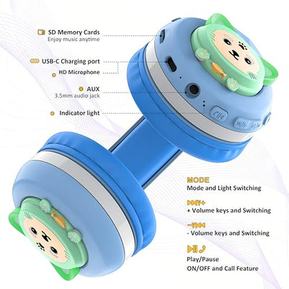 Riwbox CB-7S Kids Wireless Headphones,Gifts Suitable for Kids,74/85/95dB,LED Glow Lights,50H Playtime,Bluetooth V5.3,Built-in Mic, TF Card Slot,for Travel/School/Phone/Laptop(Blue&Grey) - color: Blue&Grey