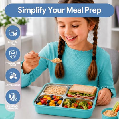 Large 10 x 7.5" Stainless Steel Bento Lunch Box with 4 Compartments Leakproof Lid BPA-Free 304 Stainless Steel Food Container That Keeps Food Separate for Adults and Kids School Office and Travel,Blue - color: Blue