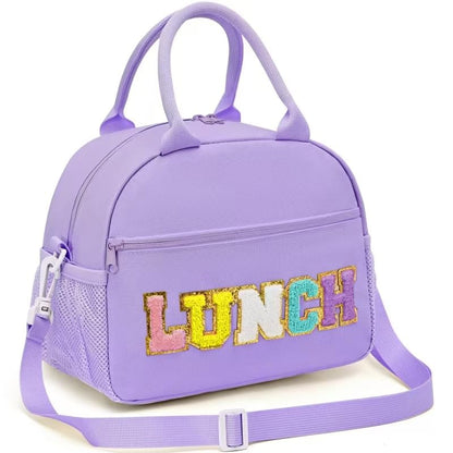 Lunch Bag for Girls and Women, Cute Preppy Lunch Bag with Chenille Letters, Insulated Large Capacity Lunch Tote with Detachable Strap for School, Work & Picnic, Purple - color: Purple