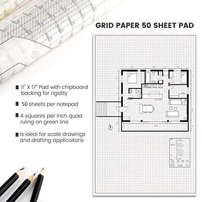 Performore 1 Pack Grid Paper Pads, 50 Sheets per Pad 11" x 17" Graph Paper Glue Top Binding Double Sided 4x4 Quadrille White Paper for Engineering Or Technical Drawings, Blueprint, Drafting - size: 11" X 17" - 1 Pack