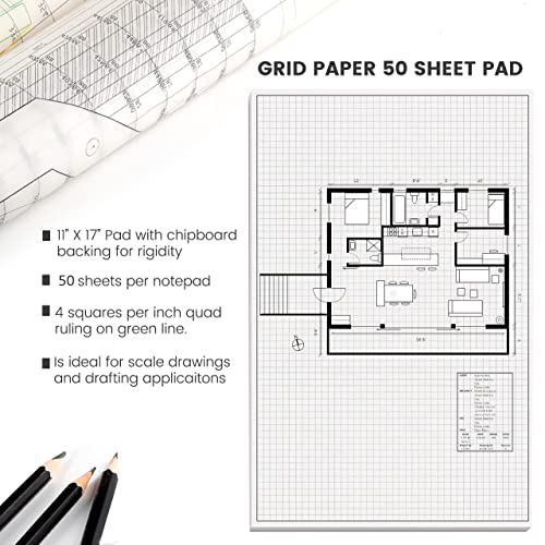Performore 2 Pack of Grid Paper Pads, 50 Sheets per Pad 11" x 17" Graph Paper Glue Top Binding Double Sided 4x4 Quadrille White Paper for Engineering Or Technical Drawings, Blueprint, Drafting - size: 11" X 17" - 2 Pack