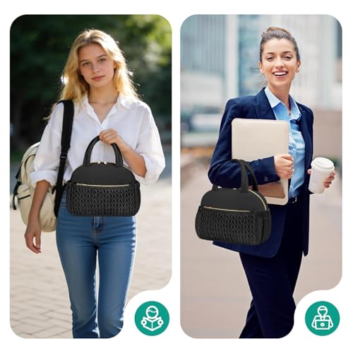 Coobiiya Cotton Quilted Lunch Bag,Cute Insulated Puffer Lunch Box for Women | Large Capacity Thermal Waterproof Cooler Bag for Work Picnic Travel - color: Black Woven Cotton