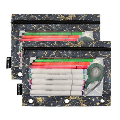 2 Pack Pencil Pouch for 3 Ring Binder Boho Sun Moon Pencil Case Pouch with Clear Window Zipper Binder Pencil Pouches Pen Bag for Office School Supplies - color: Boho Sun Moon