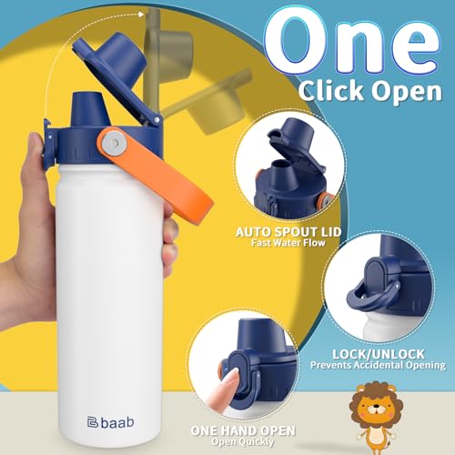 baab 18oz Kids Water Bottle, Insulated Kids Water Bottle with Lockable Spout Lid & Stickers, 18/8 Stainless Steel Vacuum Leakproof Kid Water Cup with Handle for Boy Girl & School (White, 1 Pack) - color: White, size: 18 Ounces