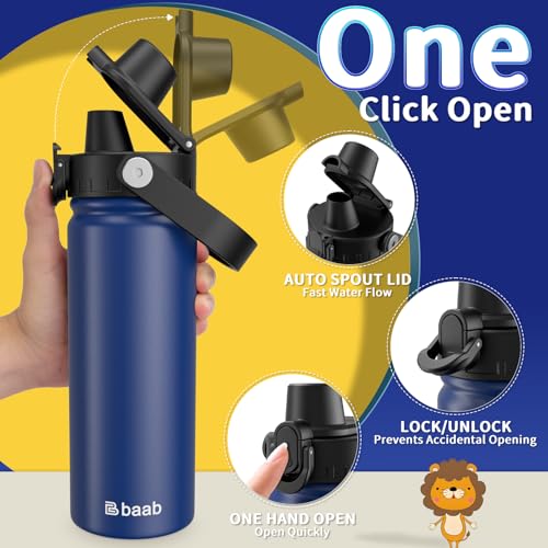 baab 18oz Kids Water Bottle, Insulated Kids Water Bottle with Lockable Spout Lid & Stickers, 18/8 Stainless Steel Vacuum Leakproof Kid Water Cup with Handle for Boy Girl & School (Navy Blue, 1 Pack) - color: Navy Blue, size: 18 Ounces