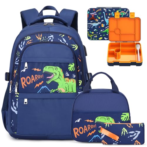ACESAK Boys Backpack - Dinosaur Bento Box with Insulated Lunch Bag Pencil Case & Utensils Set for Kids, 6 Leakproof Compartments Removable Tray Lunches or Snack Container - color: Dinosaur