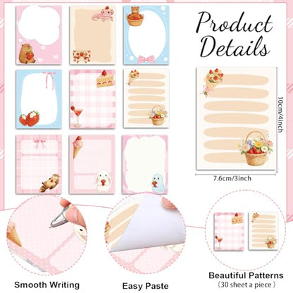 Wxiben Strawberry Sticky Notes with Pens - 18 Pcs Bow Ballpoint Pens Bear Axolotl Rabbit Notepads Set Cake Cocktail Notes Black Ink Pen Gifts for Women Study Office School Supplies Party Favors - color: Strawberry