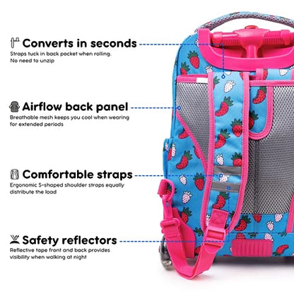 J World Lollipop Kids Rolling Backpack & Lunch Bag Set for Elementary School. Carry-On Suitcase with Wheels, Strawberry - color: Strawberry