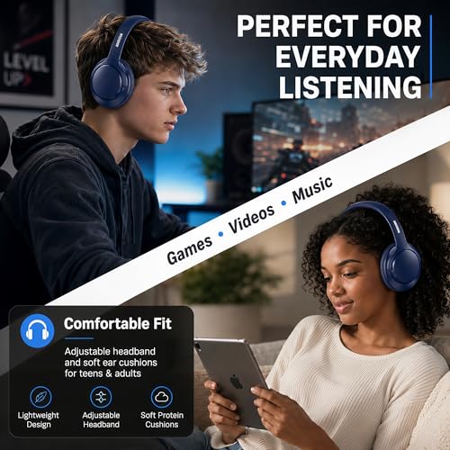 MIDOLA Bluetooth Headphones Over Ear, 68H Playtime Wireless Headphones with Microphone, 6 EQ Modes, HiFi Stereo Deep Bass, Foldable Lightweight Headset for Home Office, Cellphone, PC, Blue - color: Blue