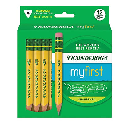Ticonderoga My First Half-Size Wooden Pencils, 12 Pencils/Pack, 1 Pack | Large Triangle-Barrel Pre-Sharpened #2 (HB) Short 4.5" Yellow Pencils with Erasers, X33012