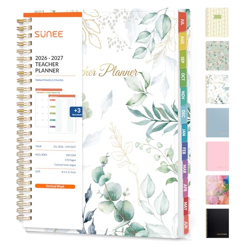 SUNEE Teacher Planner 2026-2027 Academic Year, Lite Lesson Planner Book with 7 Periods Jul 2026 - Jun 2027, 8.5"x11" Daily Weekly and Monthly Organizers, Plan Book with Pocket, Color Tabs, Full Leaf - color: Full Leaf