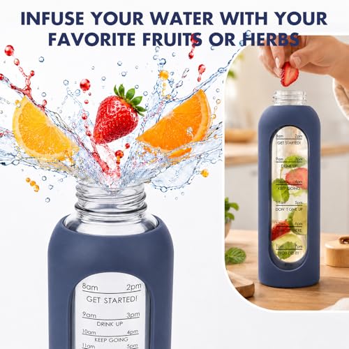 32 OZ Glass Water Bottles, Borosilicate Glass Bottle with Time Marker, 1 Liter Leak Proof Reusable BPA Free Motivational Water Bottles with Silicone Sleeve and Bamboo Lid (Blue) - color: Blue