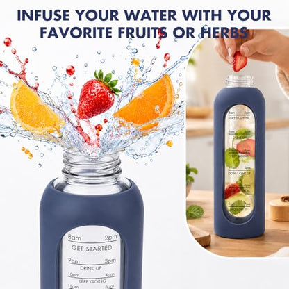 32 OZ Glass Water Bottles, Borosilicate Glass Bottle with Time Marker, 1 Liter Leak Proof Reusable BPA Free Motivational Water Bottles with Silicone Sleeve and Bamboo Lid (Blue) - color: Blue