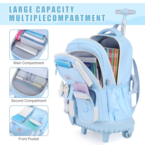 Bevalsa Rolling Backpack for Girls, Roller Backpack with Wheels, Cute Bow Wheeled School Bookbag Set with Lunch Bag & Pen Case, Suitcases for Kids Teens Elementary Middle Student (Blue Beige) - color: Blue Beige