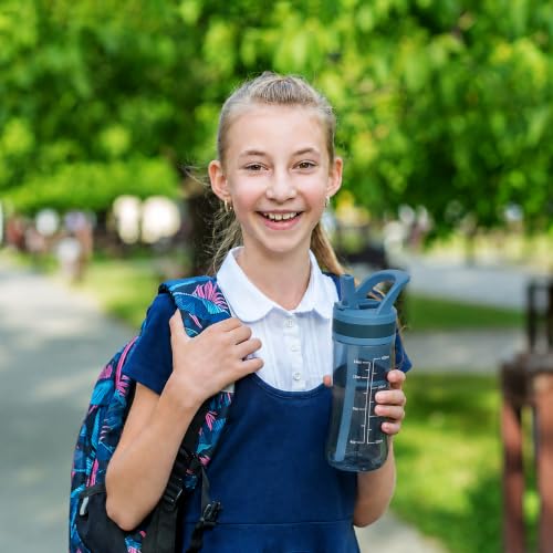 14oz Clear Kids Water Bottle with Straw Lid, BPA-Free Tritan, Measurement Scale, Sturdy Handle Wide Mouth Leak-proof Reusable Plastic Bottle for Boy& Girls, Back to School(Dark blue) - color: Dark blue