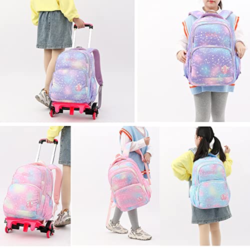 3Pcs Rolling Backpack for Girls Dream Princess Wind Bookbag with Wheels Travel Bag Trolley School Bag with Lunch Box Purple - color: 3 Pcs Purple-2 Wheels, size: 3 Pcs 2 wheels