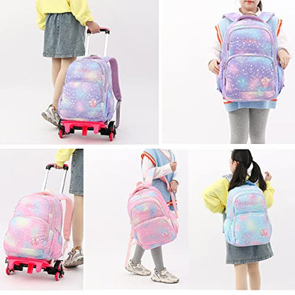 3Pcs Rolling Backpack for Girls Dream Princess Wind Bookbag with Wheels Travel Bag Trolley School Bag with Lunch Box Purple - color: 3 Pcs Purple-2 Wheels, size: 3 Pcs 2 wheels